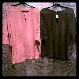 Lot of 2 NWT Charcoal Grey & Pink Flute Sleeve Top